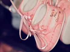 Baby's First Christmas Ornament decoration, Pretty Baby Girls Shoes. Love, Family and Happiness concept