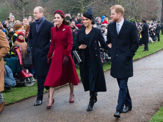 KING'S LYNN, ENGLAND - DECEMBER 25: Prince William, Duke of Cambridge, Catherine, Duchess of Cambridge, Meghan, Duchess of Sussex and Prince Harry, Duke of Sussex attend Christmas Day Church service at Church of St Mary Magdalene on the Sandringham estate on December 25, 2018 in King's Lynn, England. (Photo by Samir Hussein/Samir Hussein/WireImage)
