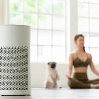 Air purifier in cozy white Living room for filter and cleaning removing dust PM2.5 HEPA at home with woman exercise yoga with dog in background,for fresh air and healthy life,Air Pollution Concept