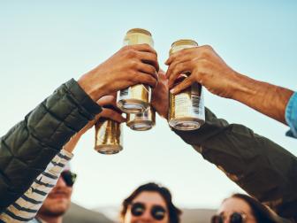 Low angle shot of a group of young friends cheersing with beers while enjoying their day out on the beach