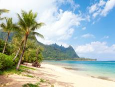 Beautiful Tunnels Beach vacation destination with palm trees and blue sky in Haena, Kauai, Hawaii.