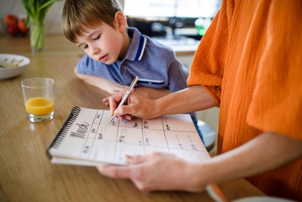 Woman with son making notes in personal organizer.