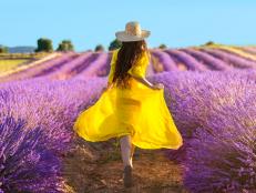 Woman running on lavender field