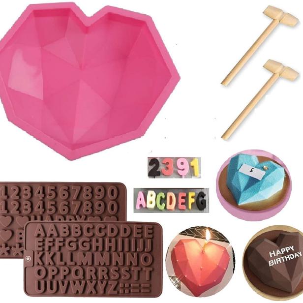 Valentine's Day Diamond Heart Shape Silicone Cake Mold and Silicone Letter  Mold and Number Chocolate Mold with 8 Pieces Mini Wooden Hammers for Home