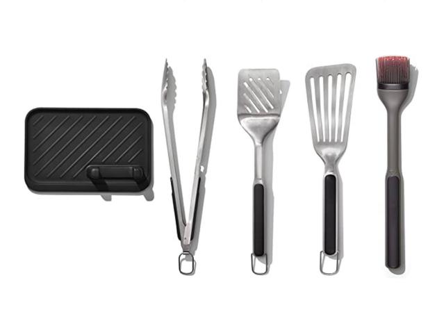 Deco Chef 5 Piece BBQ Tool Set, Custom Blue Apron, Stainless Steel Grilling  Utensils - Spatula, Fork, Tongs, and Oven Mitt