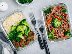 Beef and broccoli stir fry meal prep lunch box containers with rice or soba noodles