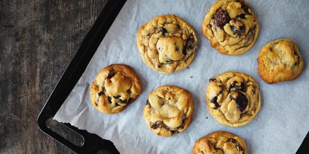 Freshly Baked Chocolate Chip Cookies on Baking Sheet