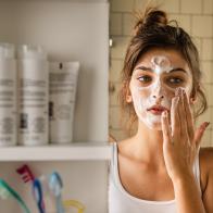 Young woman having daily washing and cleaning skin routine in the bathroom