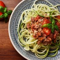 Zucchini noodles called zoodles with vegan bolognese and yeast flakes â   vegan, healthy food!